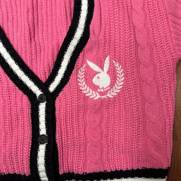 Playboy Cropped Cable Knit Varsity Cardigan Pink XS Y2K - Picture 6 of 6